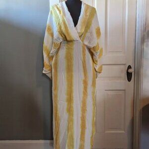 SWF Tie-Dye Plunge Maxi Dress Kaftan Yellow White Medium